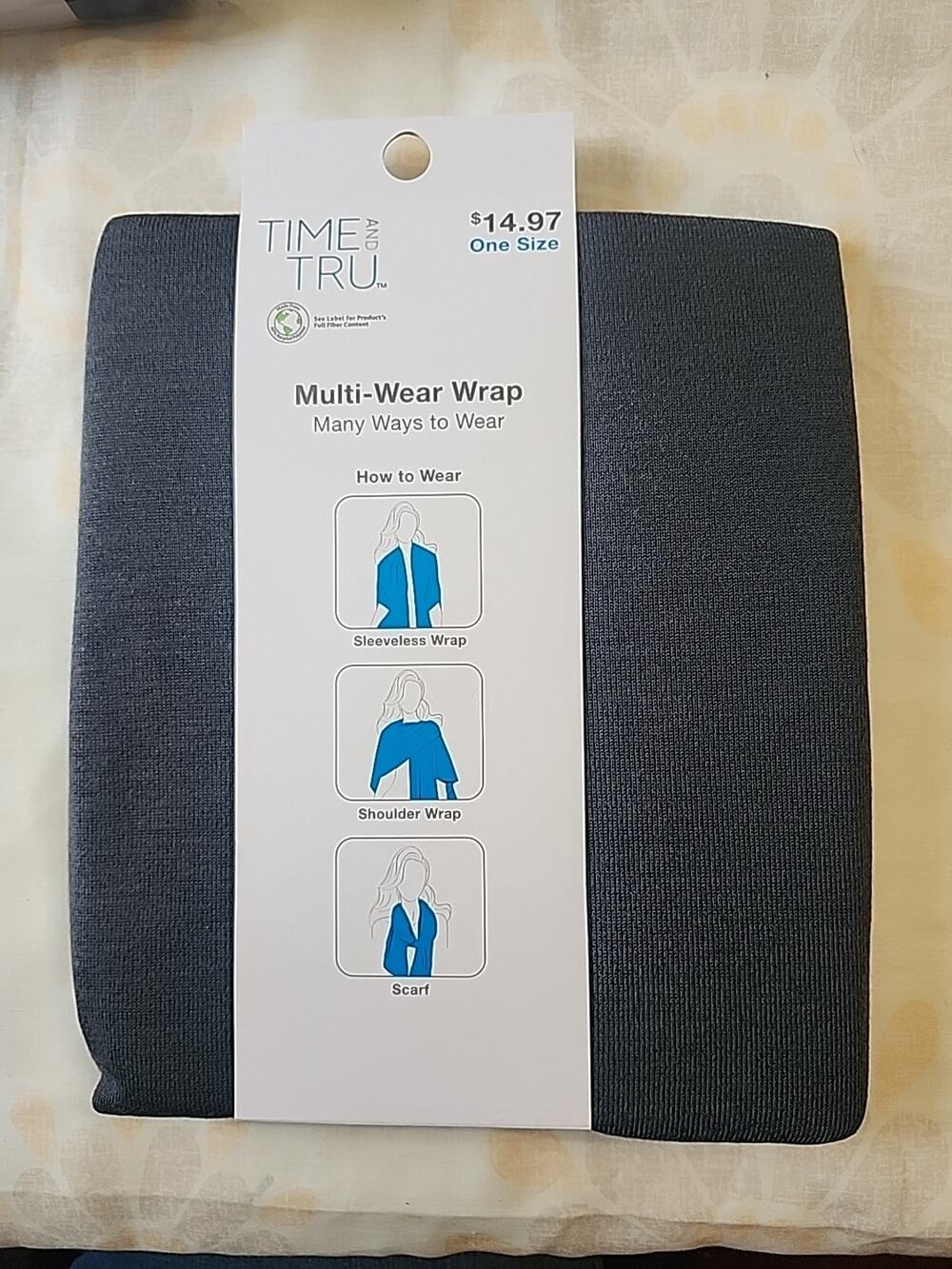 Time & Tru Multi-Wear Wrap Shaw Scarf One Size - Dark Gray